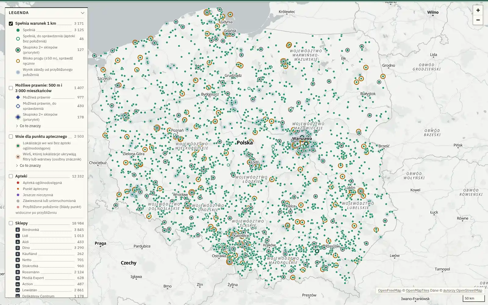 Mapa Polski z zielonymi punktami lokalizacji, które spełniają warunek 1 km, i legendą z liczbą lokalizacji w każdej kategorii.